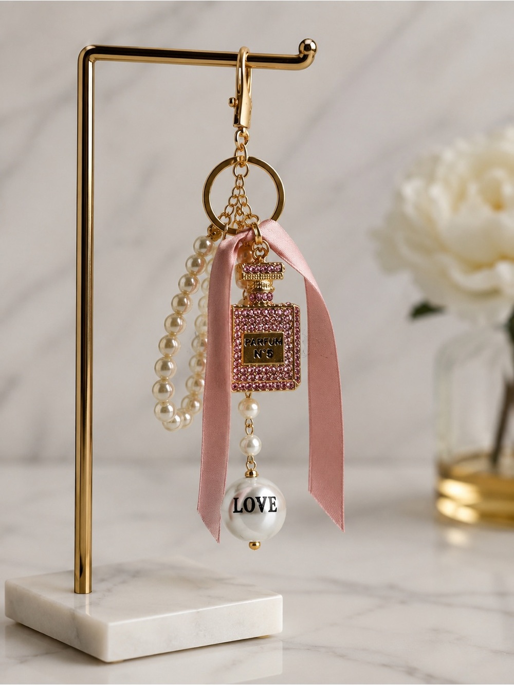 Pink Rhinestone Parfum Bottle Keychain with Pearl 'LOVE' Charm